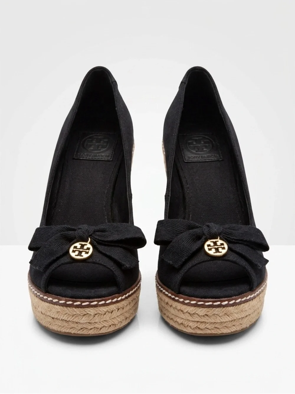 Tory Burch Jackie Black Espadrille Peep-Toe Wedges